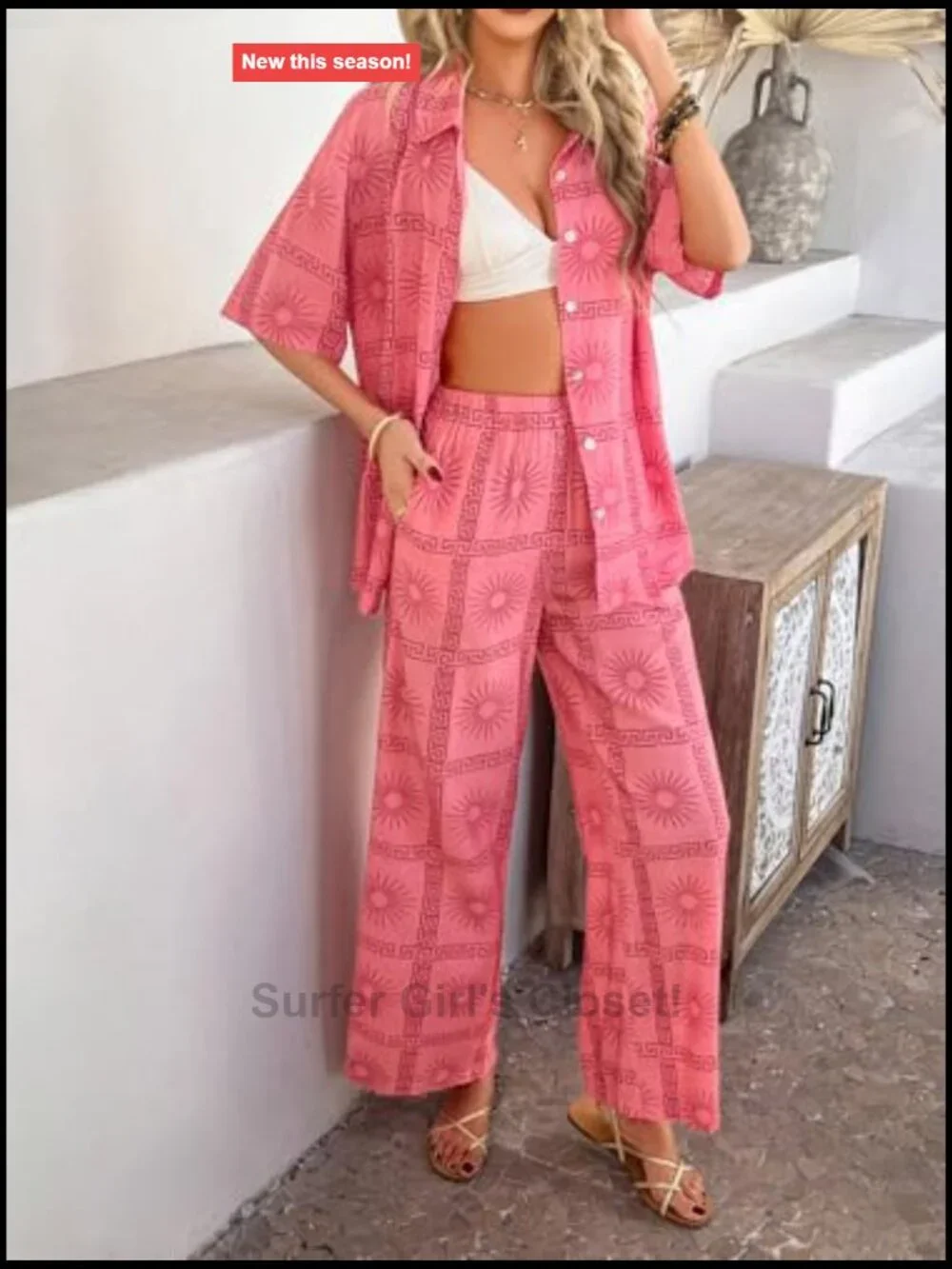 2 Piece Boho Summer Short Sleeve Top and Matching Pants Set